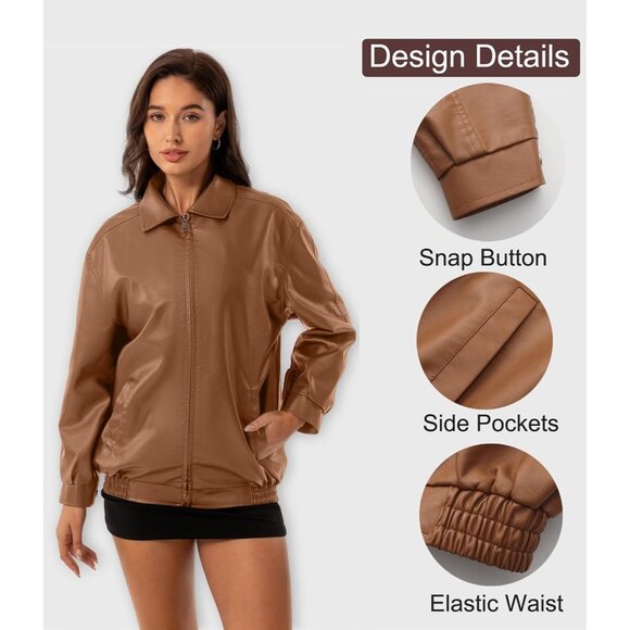 Women's Brown Oversized Faux Leather Fashion Zip Up Motorcycle Loose Fit Jacket - Picture 2 of 6